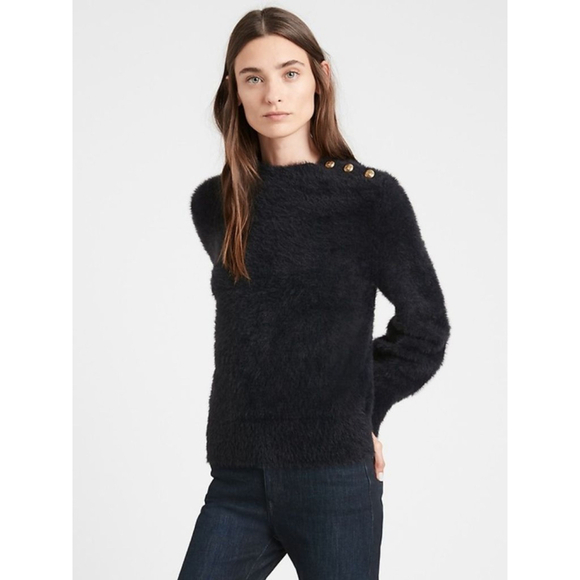 Banana Republic NWOT Black Eyelash Fuzzy Sweater Button Detail Retail - Picture 2 of 9